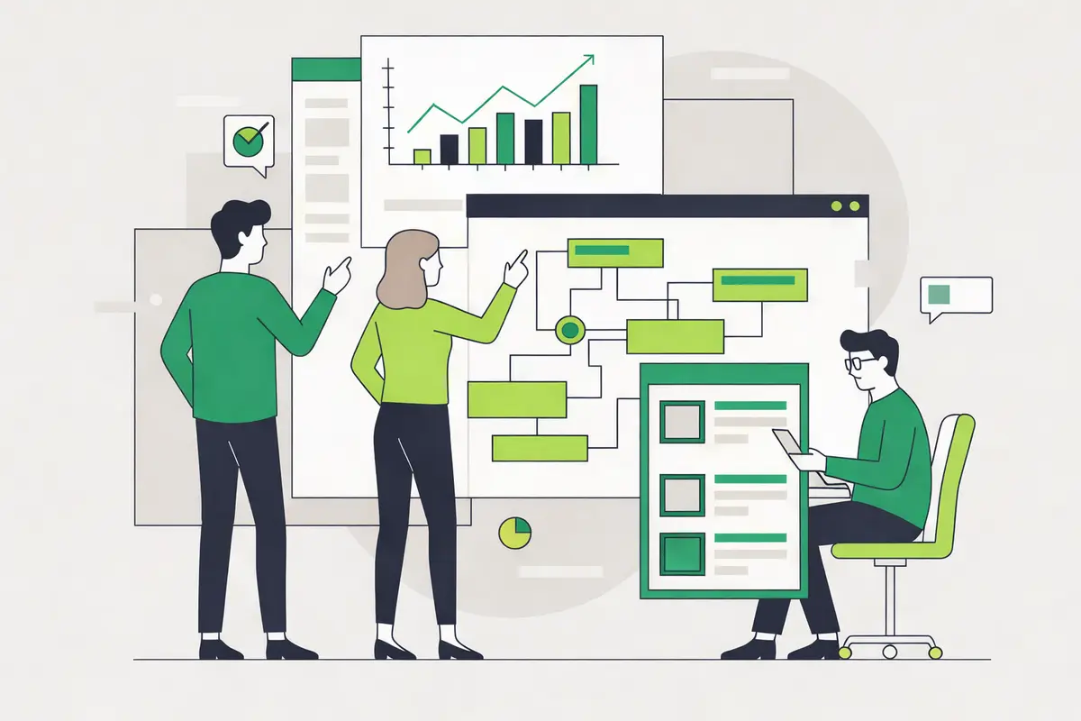 Equipe colaborando em projeto de dados e software